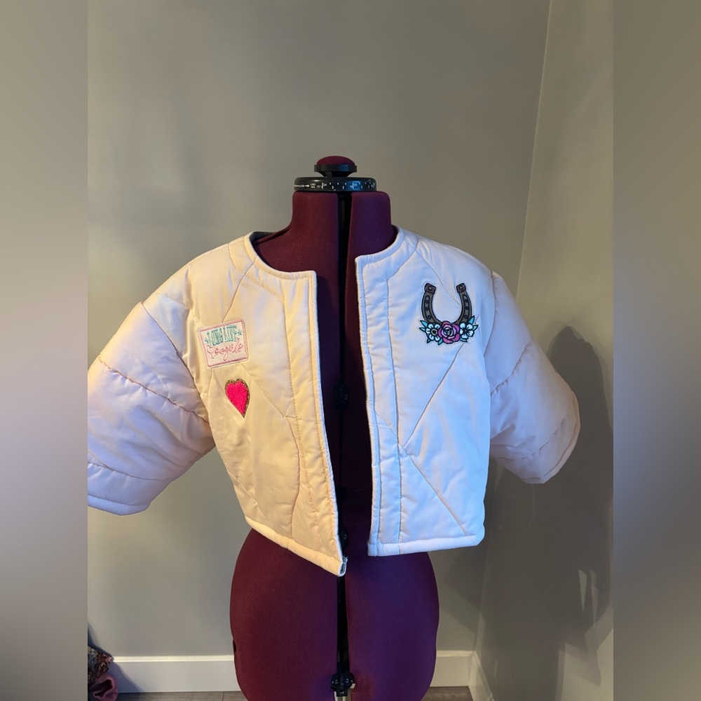Upcycled handmade Pink Quilted Jacket with Embroidered Patches. Fits approx M